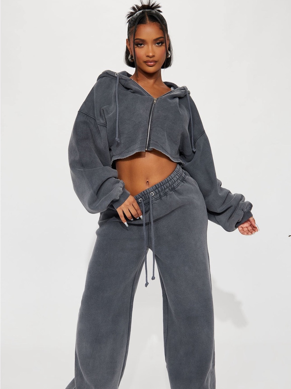 Cropped Zip Hoodie & Wide-Leg Sweatpants Set - Charcoal